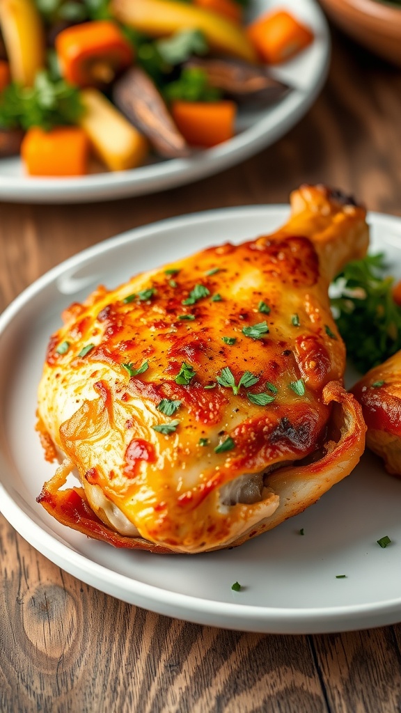 Crispy air fryer chicken thigh served with roasted vegetables on a wooden table.